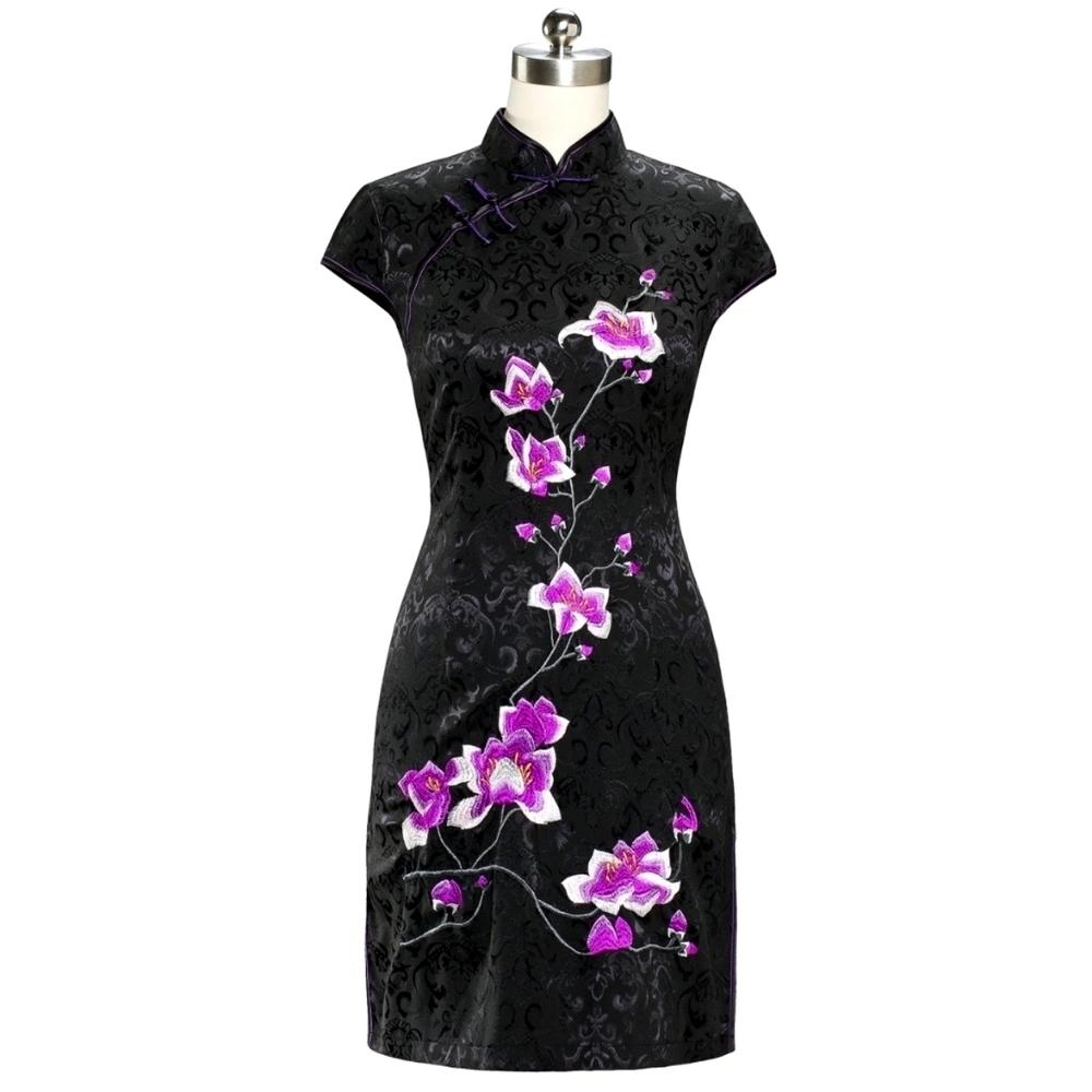 <Orchid Embroidery Fancy Cotton Retro Cheongsam Chinese Dress